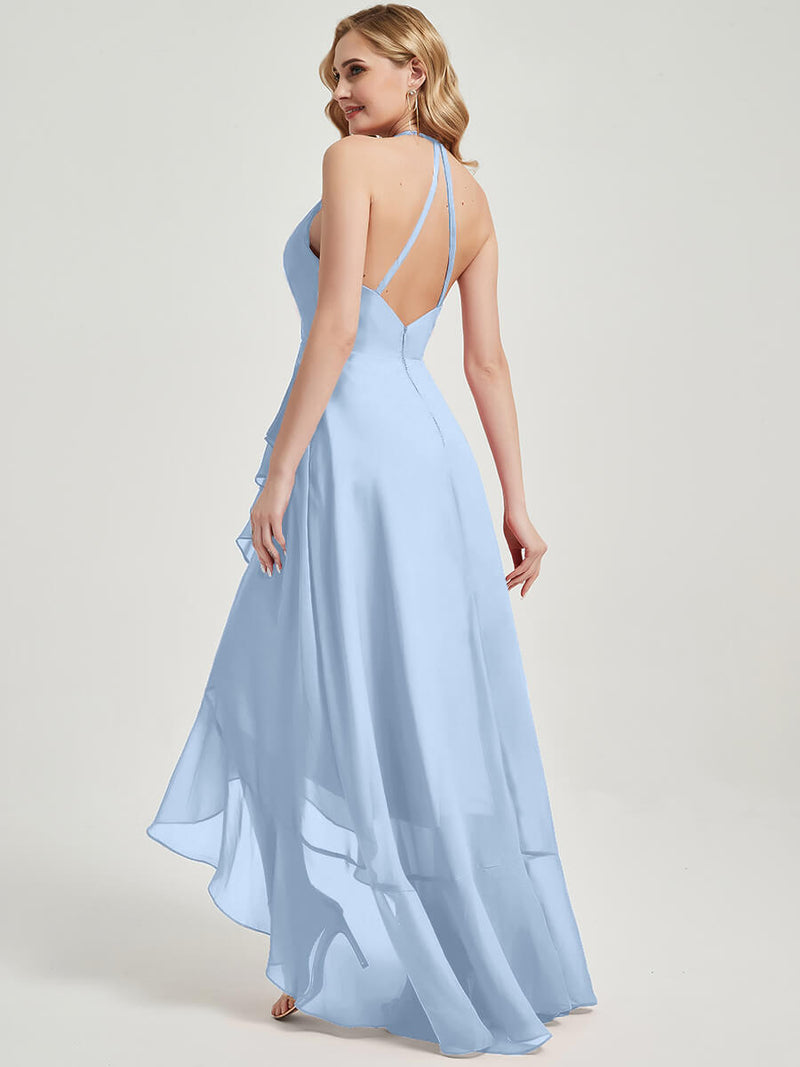 Cornflower Blue Halter Backless High Low Chiffon Bridesmaid Dress