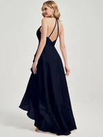 Dark Navy Halter V-Neck Backless High Low Chiffon Bridesmaid Dress