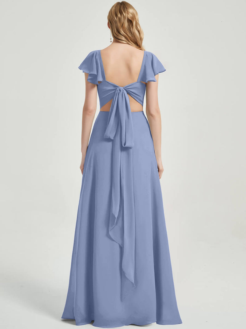 Slate Blue Ruffle Cap Sleeves Floor Length Bridesmaid Dress With Slit