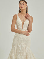 V-Neck White Sheer  Sleeveless Tulle Lace Open Back Gown Dress with Train Amora