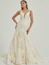 Beautiful White Sheer V-Neck Sleeveless Tulle Lace Open Back Gown Dress with Train Amora