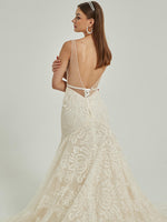 White Sheer V-Neck Sleeveless Tulle Lace Open Back Gown Formal Dress with Train Amora