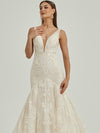 White Sheer V-Neck Sleeveless Tulle Lace Open Back Gown Dress with Train
