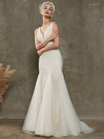 Diamond White Sparkling Tulle V-Neck Sleeveless Open Back Sequin Wedding Dress with Chapel Train Zuri