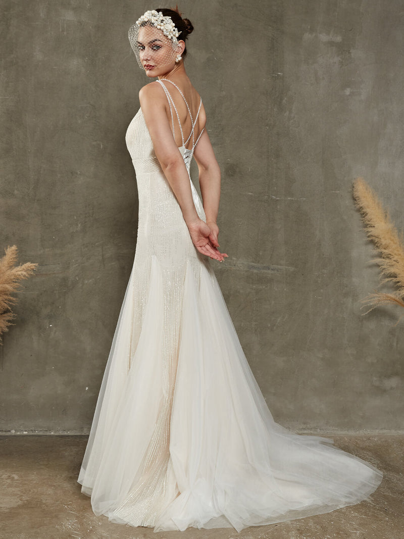 White Sparkling Tulle V-Neck Sleeveless Open Back Sequin Wedding Dress with Chapel Train Zuri