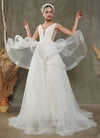 Elegant  Diamond White Convertible V Neck Sleeveless Wedding Dress with Detachable Train Remi