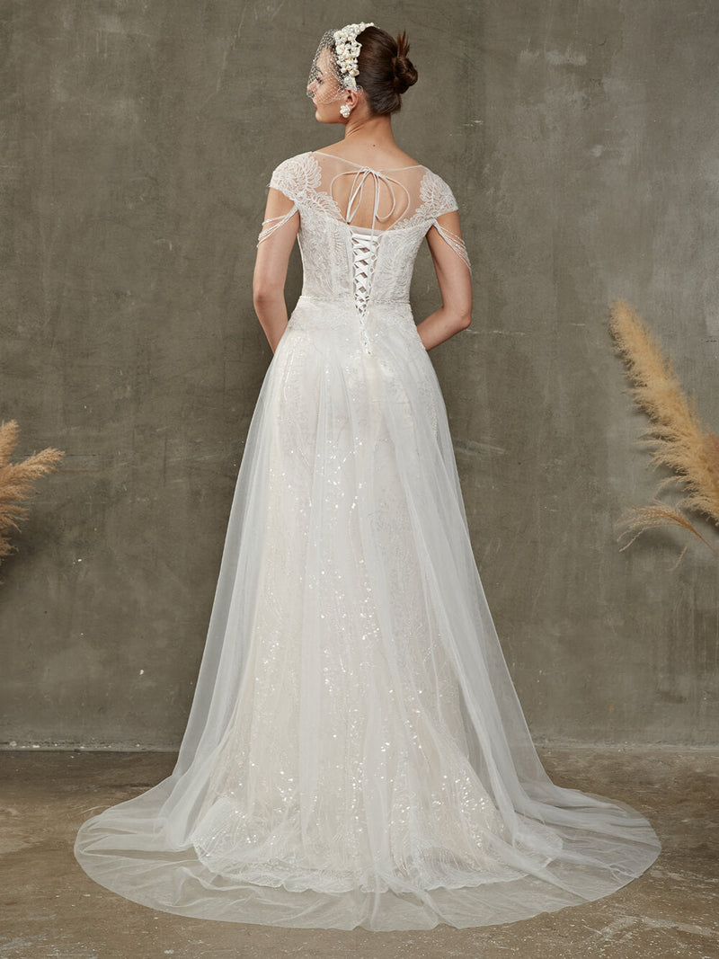 Elegant  Diamond White  Illusion Lace Tulle Cap Sleeve Mermaid Wedding Dress with Train Bellisima