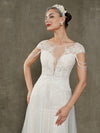 Diamond White Illusion Lace Tulle Cap Sleeve Mermaid Wedding Dress with Elegant Train-Bellisima