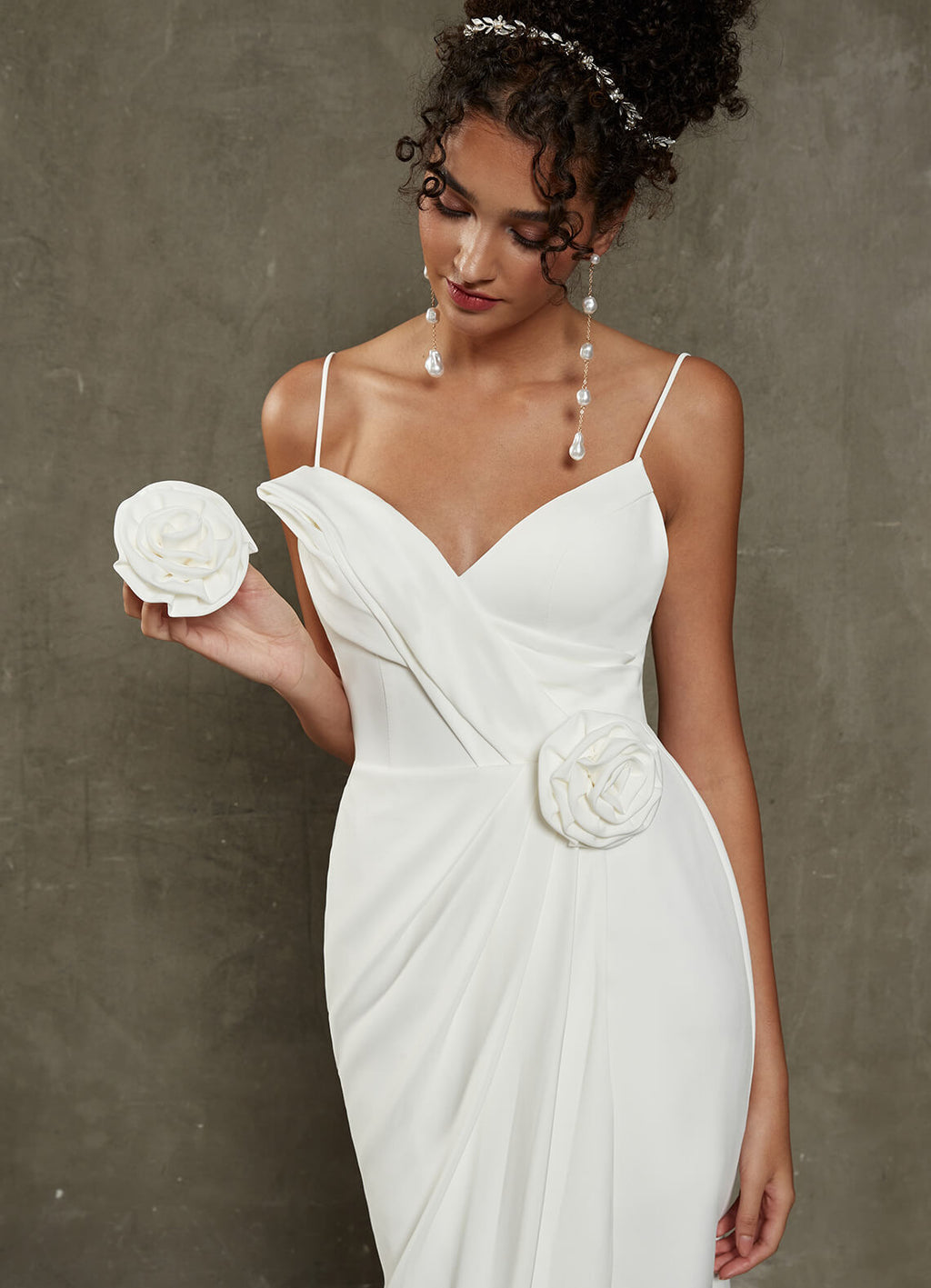 Diamond White Crepe Double Flower High Low Asymmetrical  Wedding Dress with Train Violet