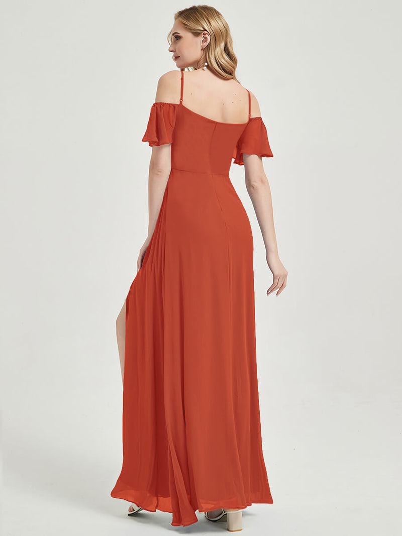 Burnt Orange Deep V Neckline Split Bridesmaid Dress-Sue