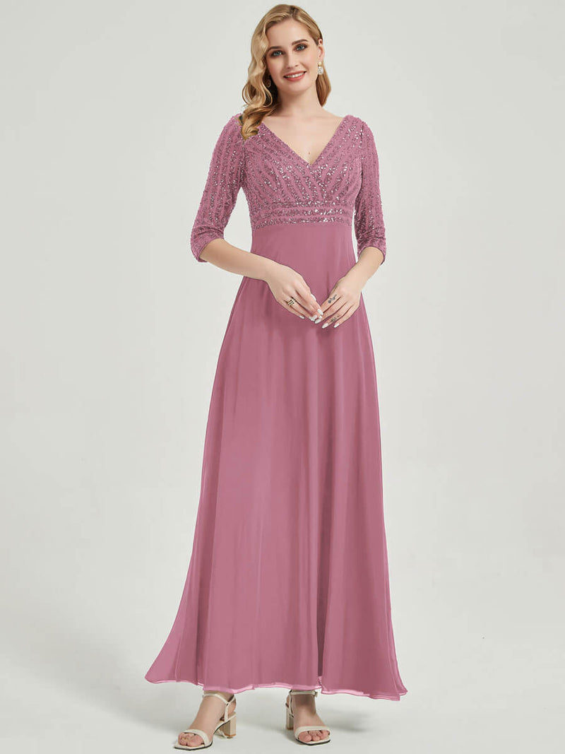 Dusty Rose Sleeves Sequined Formal Dress-Lowa