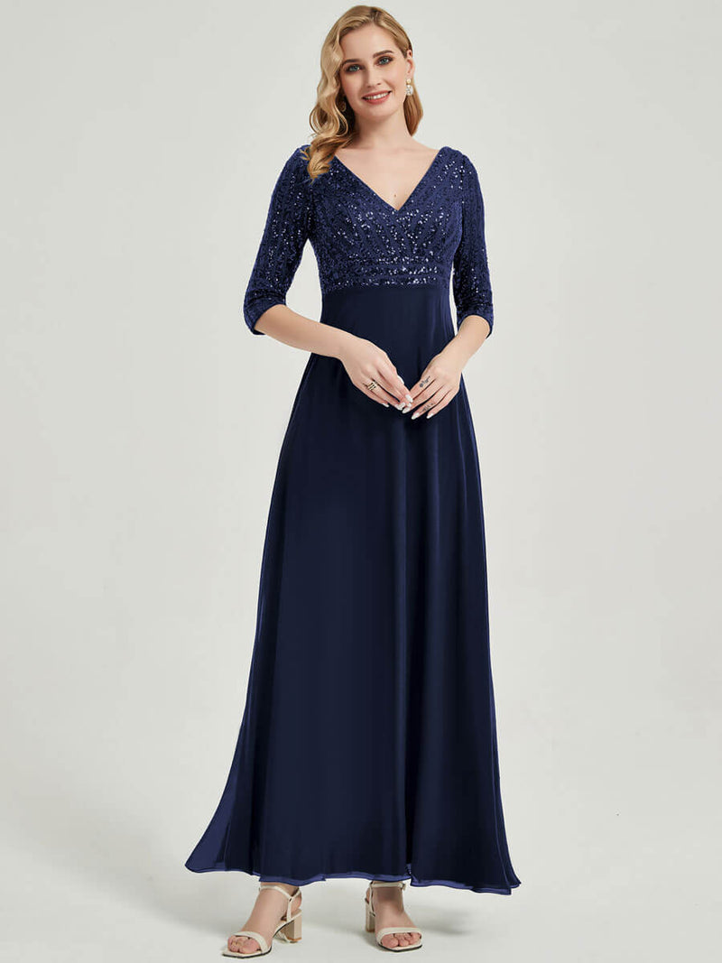 Navy Blue Sleeves Sequined Formal Dress-Lowa