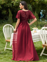 Burgundy Sheer Sleeve A-Line Floor Length Sequin Formal Dress For Brides
