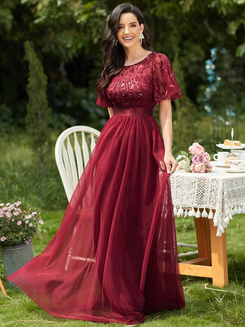 Burgundy Sheer Sleeve A-Line Floor Length Sequin Formal Dress For Brides