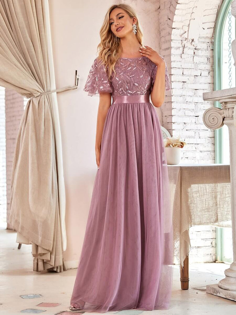 Dusty Rose Sheer Sleeve A-Line Floor Length Sequin Formal Dress For Brides