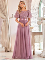 Dusty Rose Sheer Sleeve A-Line Floor Length Sequin Formal Dress For Brides