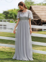 Silver Grey Sheer Sleeve A-Line Floor Length Sequin Formal Dress For Brides