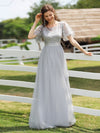 Silver Grey Sheer Sleeve A-Line Floor Length Sequin Formal Dress For Brides