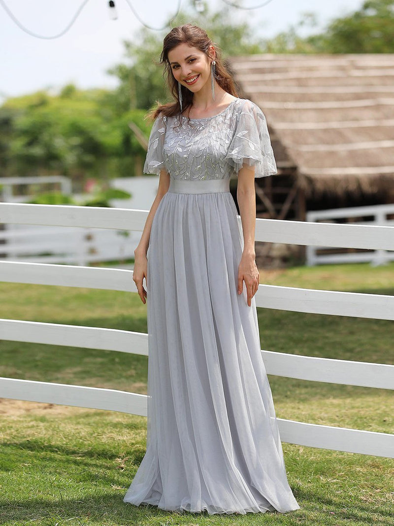 Silver Grey Sheer Sleeve A-Line Floor Length Sequin Formal Dress For Brides