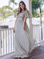 Silver Grey Sheer Sleeve A-Line Floor Length Sequin Formal Dress For Brides