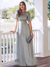 Silver Grey Sheer Sleeve A-Line Floor Length Sequin Formal Dress For Brides