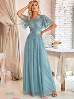 Moody Blue Sheer Sleeve A-Line Floor Length Sequin Formal Dress For Brides