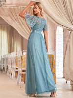 Moody Blue Sheer Sleeve A-Line Floor Length Sequin Formal Dress For Brides