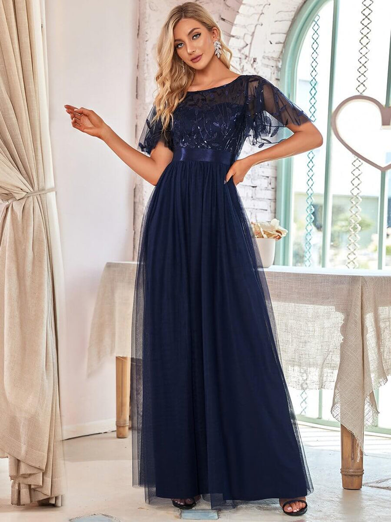 Navy Blue Sheer Sleeve A-Line Maxi Sequin Formal Dress For Brides