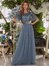 Slate Blue Sheer Sleeve A-Line Floor Length Sequin Formal Dress For Brides