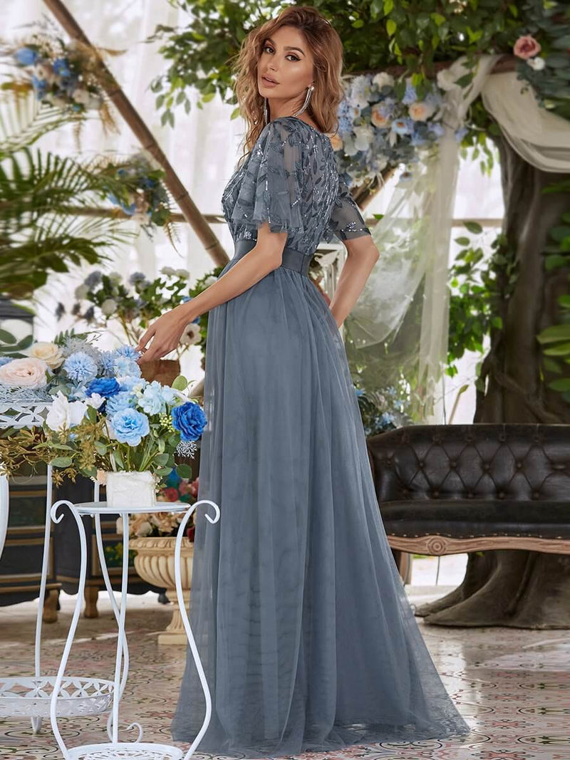 Slate Blue Sheer Sleeve A-Line Floor Length Sequin Formal Dress For Brides