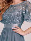 Slate Blue Sheer Sleeve A-Line Floor Length Sequin Formal Dress For Brides