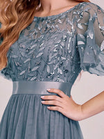 Slate Blue Sheer Sleeve A-Line Floor Length Sequin Formal Dress For Brides