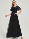 Black Sequined Pattern A Line Tulle Formal Evening Dress Prom Gown