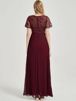 Burgundy Leaf Sequined V Neck Ruffle Sleeves Chiffon Evening Dress