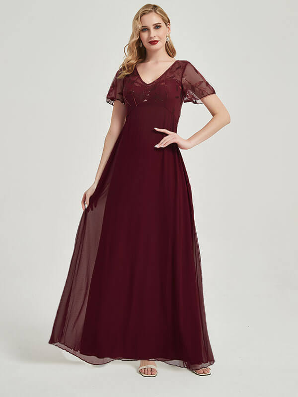 Burgundy Leaf Sequined V Neck Ruffle Sleeves Chiffon Evening Dress