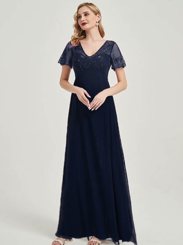Navy Blue Chiffon Sequined Evening Dress-Pamela