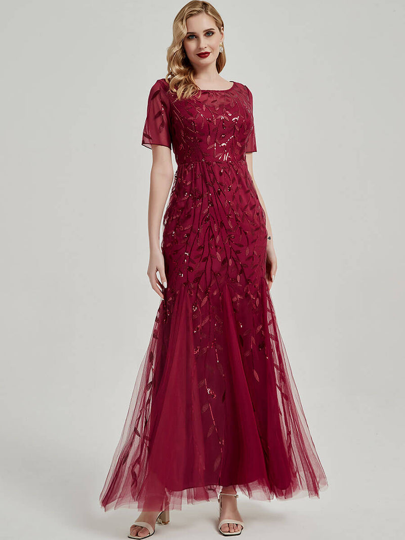 Elegant Sequin Tulle With Sheer Sleeves Evening Dress