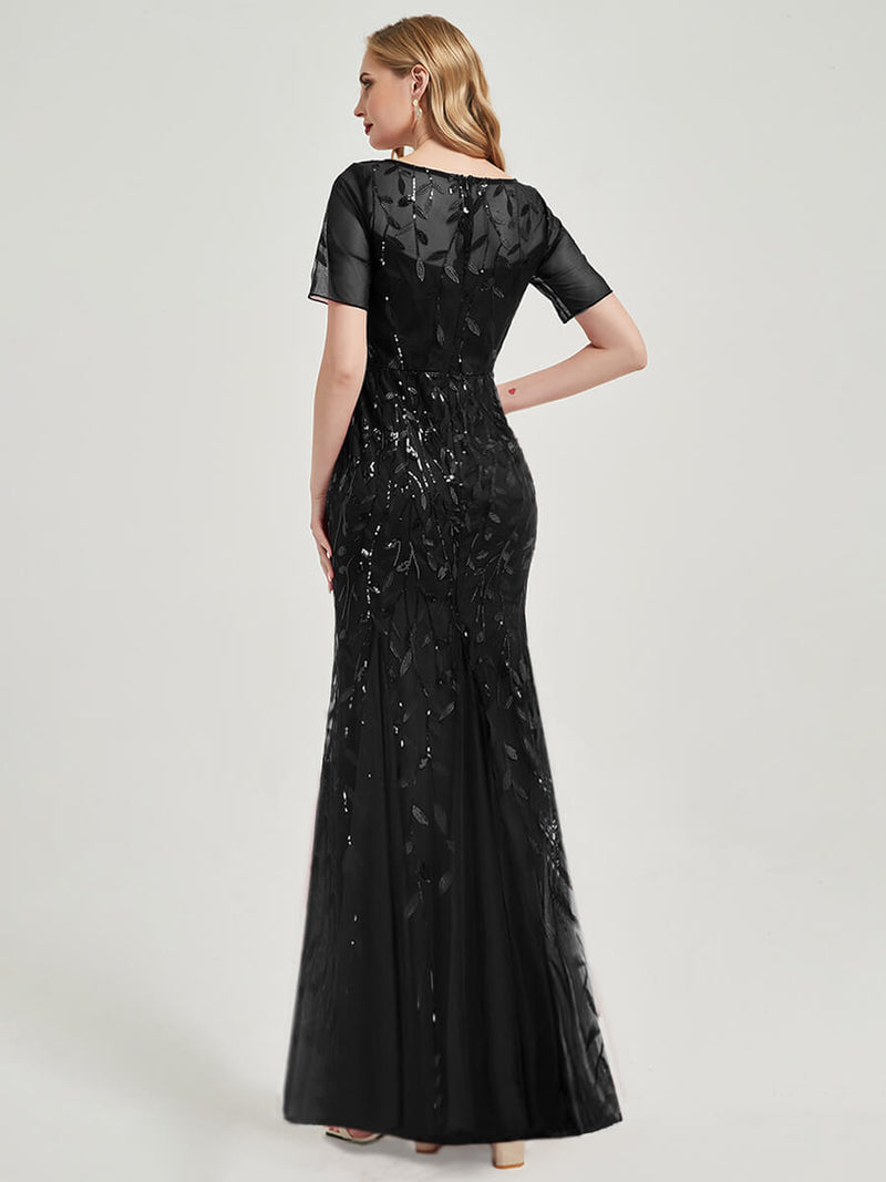 Sheer Round Neckline With Shimmery Leave Design Mermaid Evening Dress