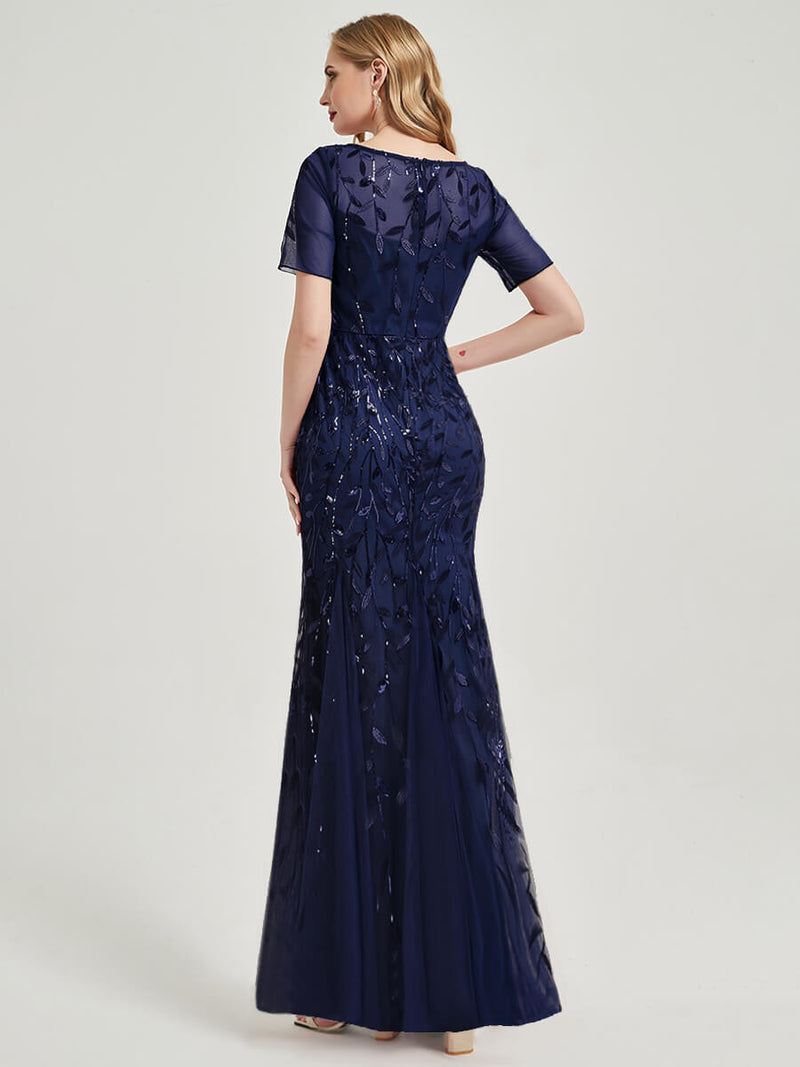 Sheer Round Neckline With shimmery leave design Mermaid Evening Dress