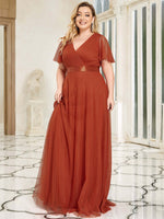 Terracotta Tulle V-Neck Ruffle Sleeves Floor Length Bridesmaid Gown