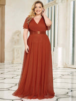 Terracotta Tulle V-Neck Ruffle Sleeves Floor Length Bridesmaid Gown