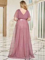 Dusty Rose Tulle V-Neck Ruffle Sleeves Floor Length Bridesmaid Gown