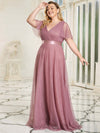 Dusty Rose Tulle V-Neck Ruffle Sleeves Floor Length Bridesmaid Gown