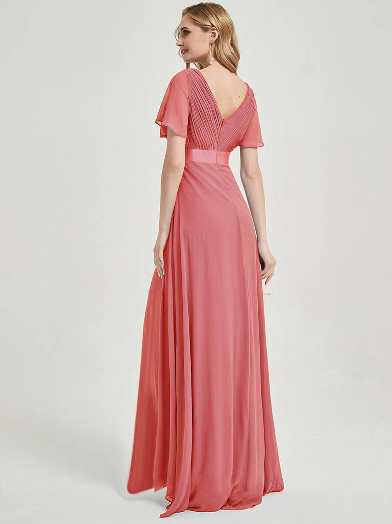Backless Coral Ruffle Pleated Bridesmaid Dresses