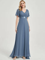 Dusty Blue Ruffle Pleated Bridesmaid Dresses-Mei