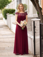 Burgundy Chiffon Lace Open Back Elegant Long Formal Occasion Party Gown