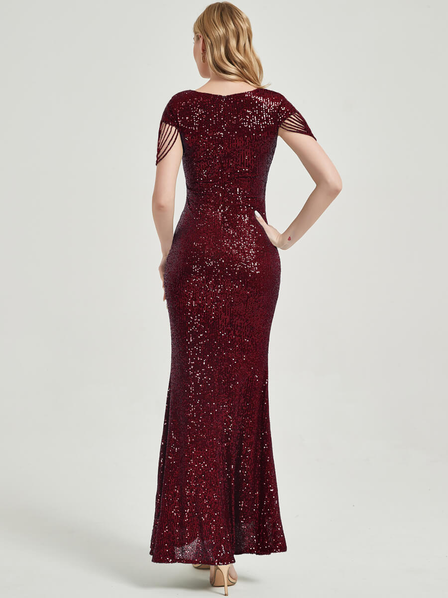 Burgundy Beadings Sleeve Sequins Mermaid Formal Gown Rava Front