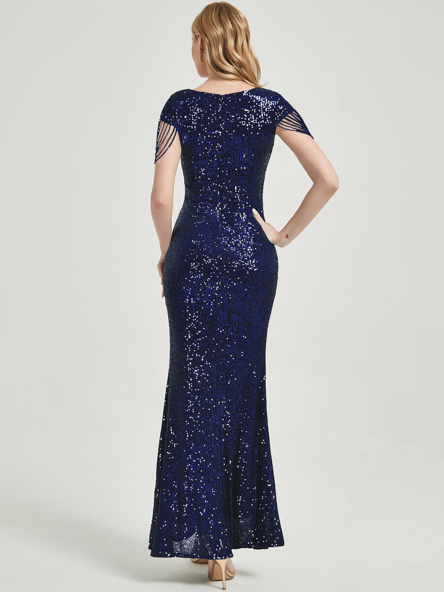 Navy Beadings Sleeve Sequins Mermaid Formal Gown Rava