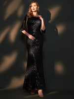 [Final Sale] Black Sleeved Sequins Mermaid Formal Gown Vera