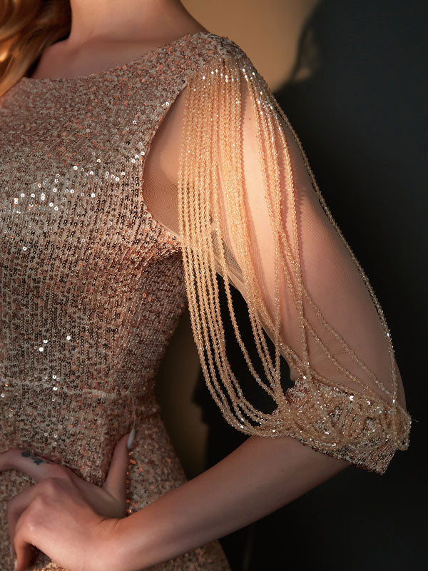 [Final Sale] Champagne Gold Sleeved Sequins Mermaid Formal Gown Vera